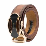 کمربند مردانه چرم دورکوب قهوه ای با سگک ریلی
